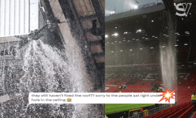 Arsenal supporters MOCK Old Trafford's leaking roof as they celebrate returning to top